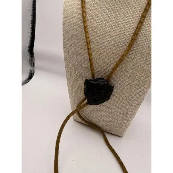 Vintage Braided Leather Bolo Tie with Black Stone Slide